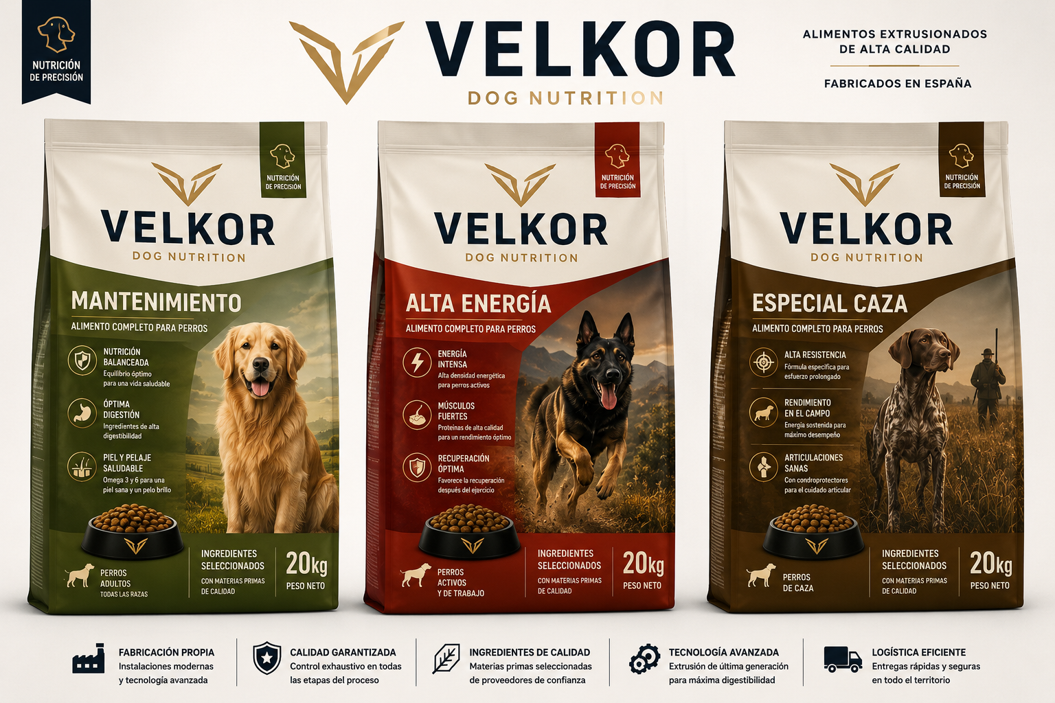 Gama VELKOR Dog Nutrition: Mantenimiento, Alta Energía y Especial Caza