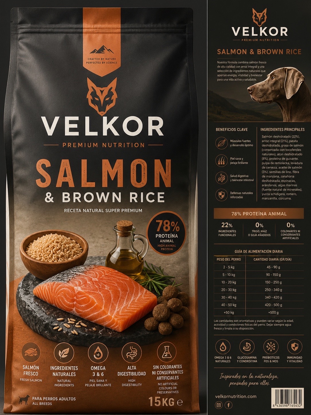 VELKOR Salmón y Arroz Integral, receta natural super premium